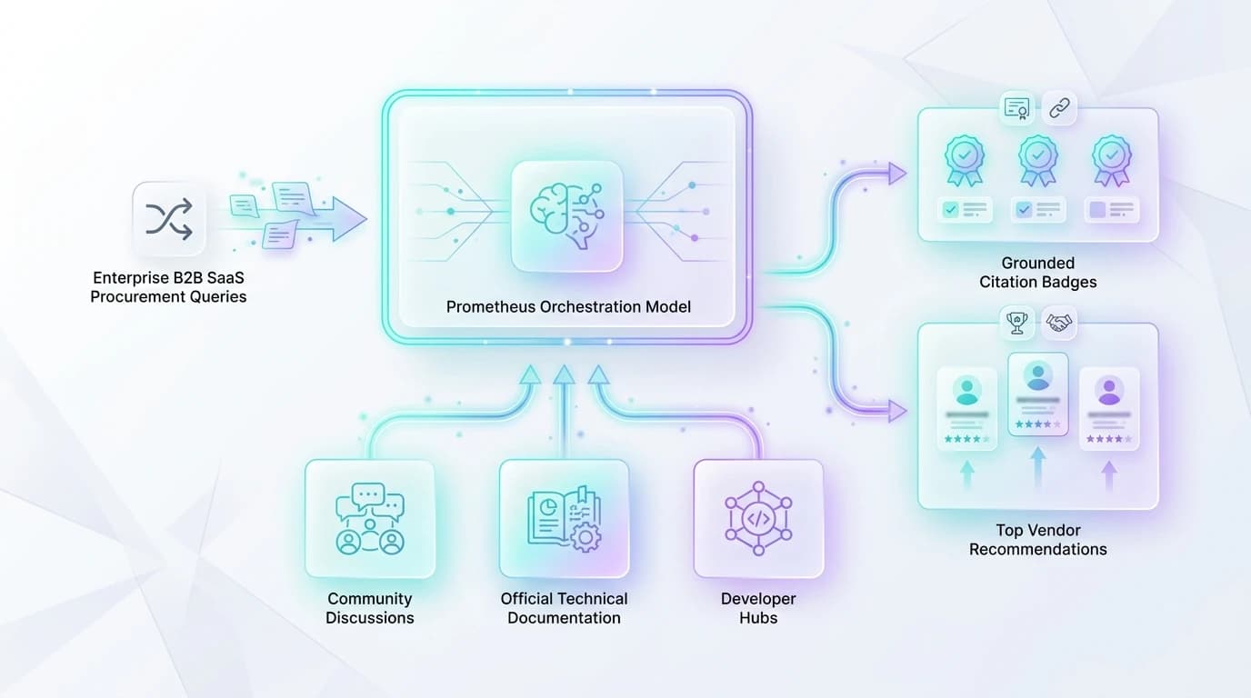 Visual diagram comparing Microsoft Copilot Prometheus retrieval architecture and multi-source triangulation benchmarks