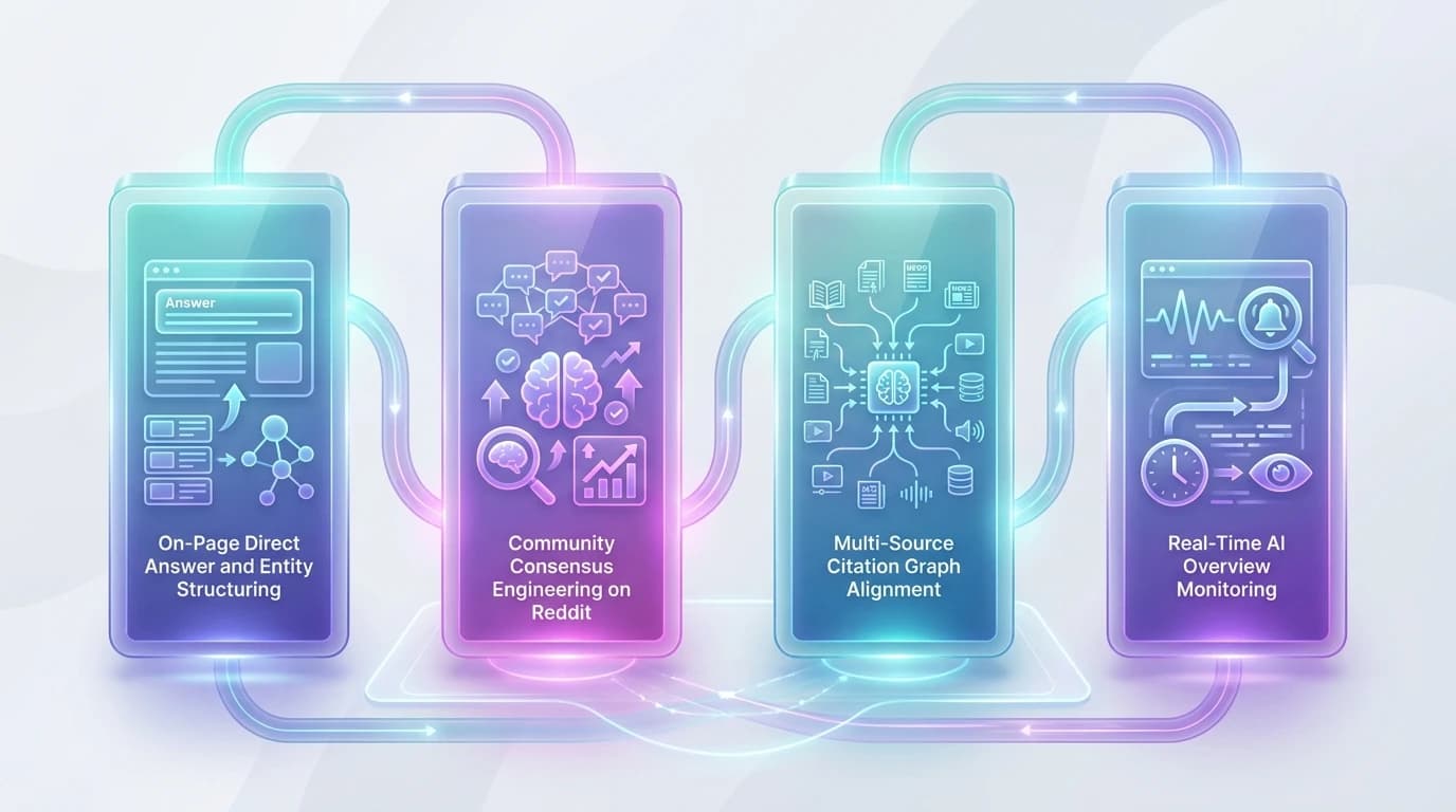 Diagram showing the 4-pillar Google AI Overview optimization framework for B2B SaaS companies