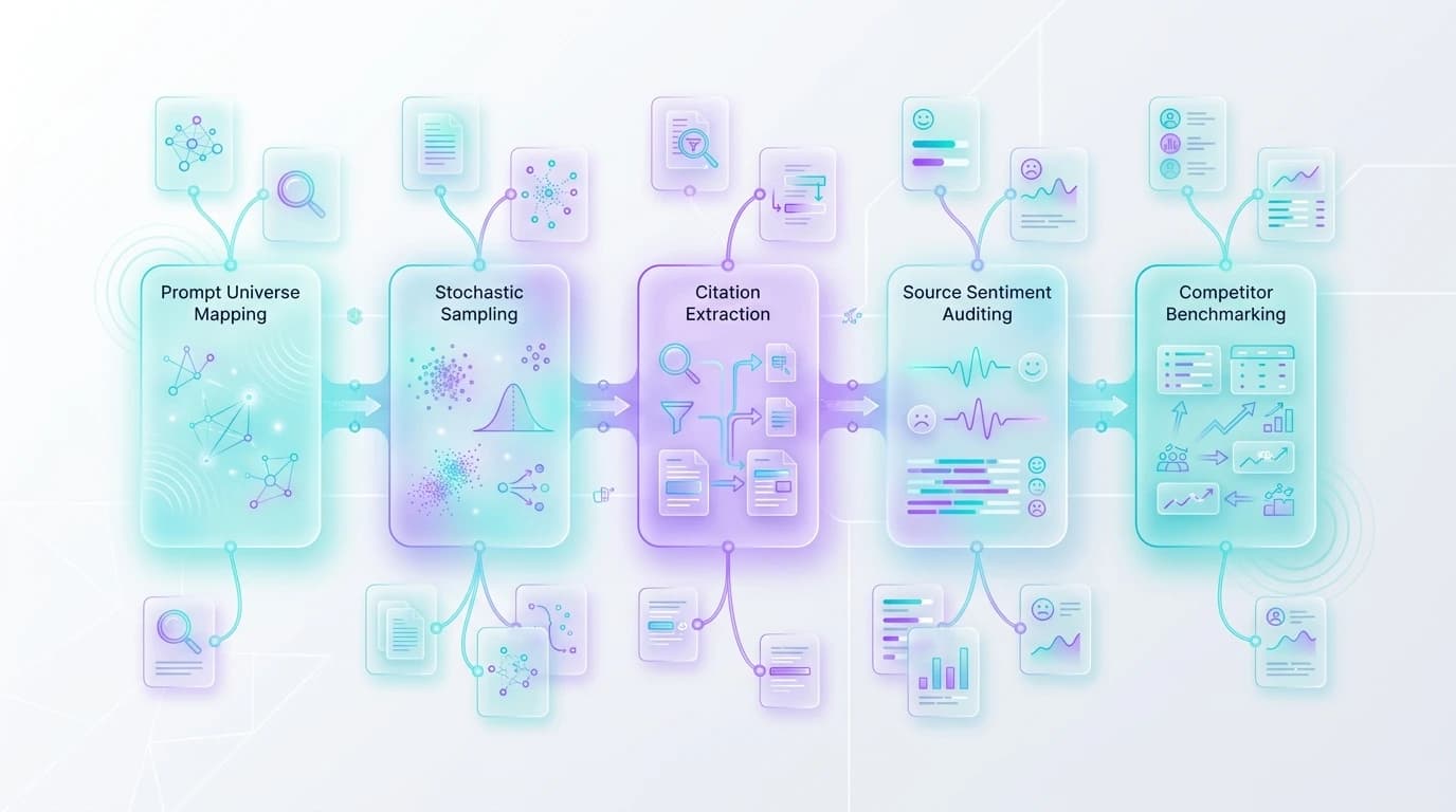Technical architecture diagram illustrating the 5-step operational framework to track brand citations in ChatGPT