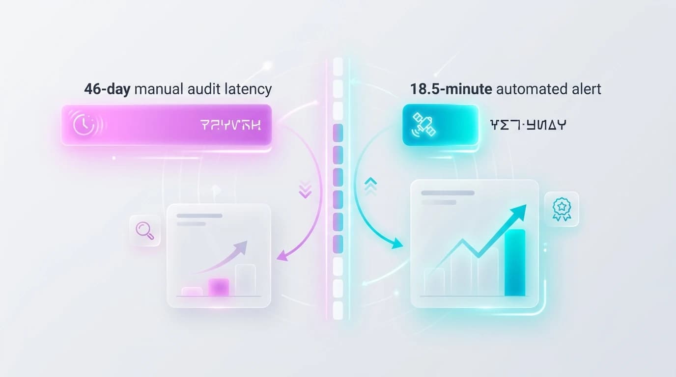 Benchmark comparison diagram showing how multi-source citation diversity drives 76.8% recommendation probability and automated tracking cuts latency to 18.5 minutes