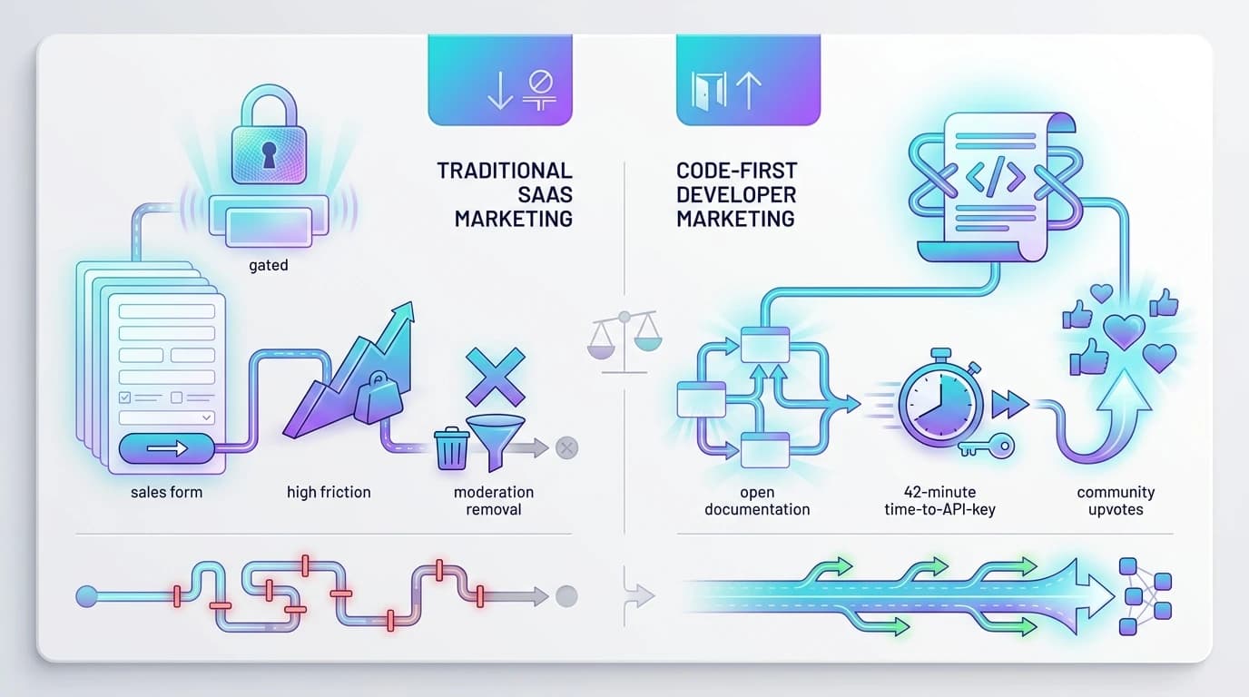 Diagram comparing Traditional B2B SaaS Marketing with Code-First Developer Marketing on Reddit